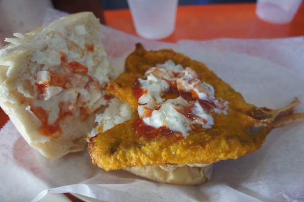 A look inside the fried snapper sandwich at La Camaronera in Little Havana. 