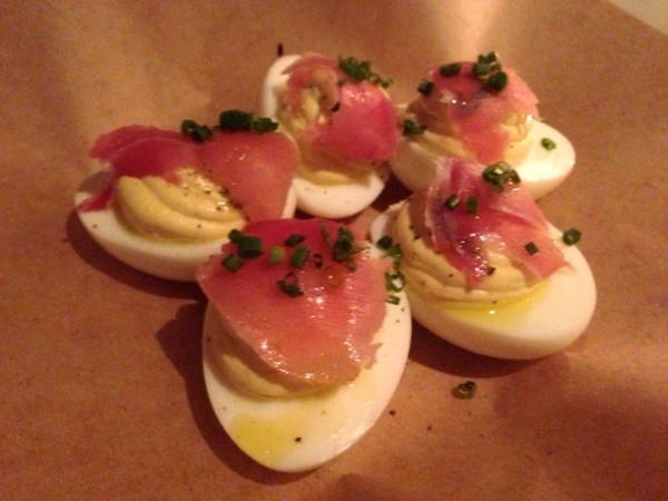 DEVILED EGGS (5) topped with benton’s country ham, evoo 