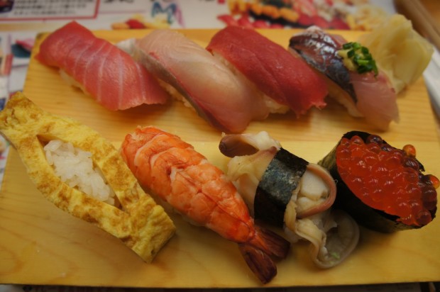 Nigiri sushi plate outside of Tsukiji Fish Market in Tokyo, Japan