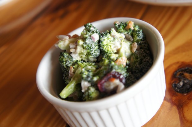 Broccoli salad with cranberries, pine nuts, red onion