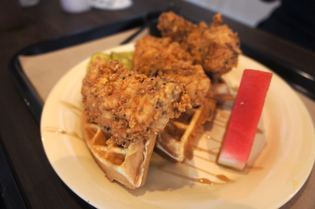 Chicken n Waffles and watermelon from The Coop