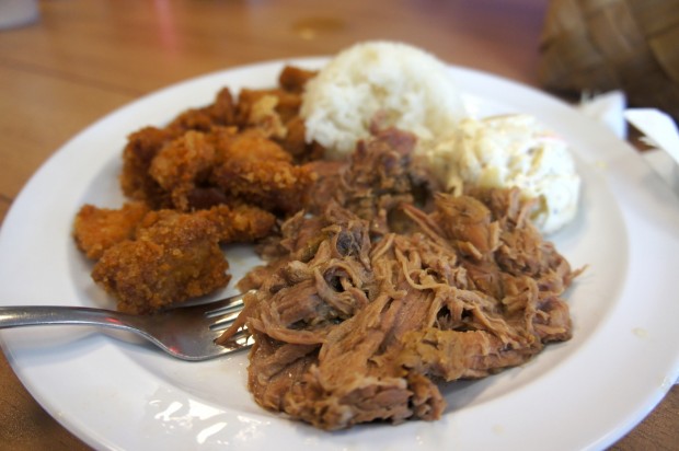 Garlic sugoi chicken and kalua pulled pork with rice - lunch special combo
