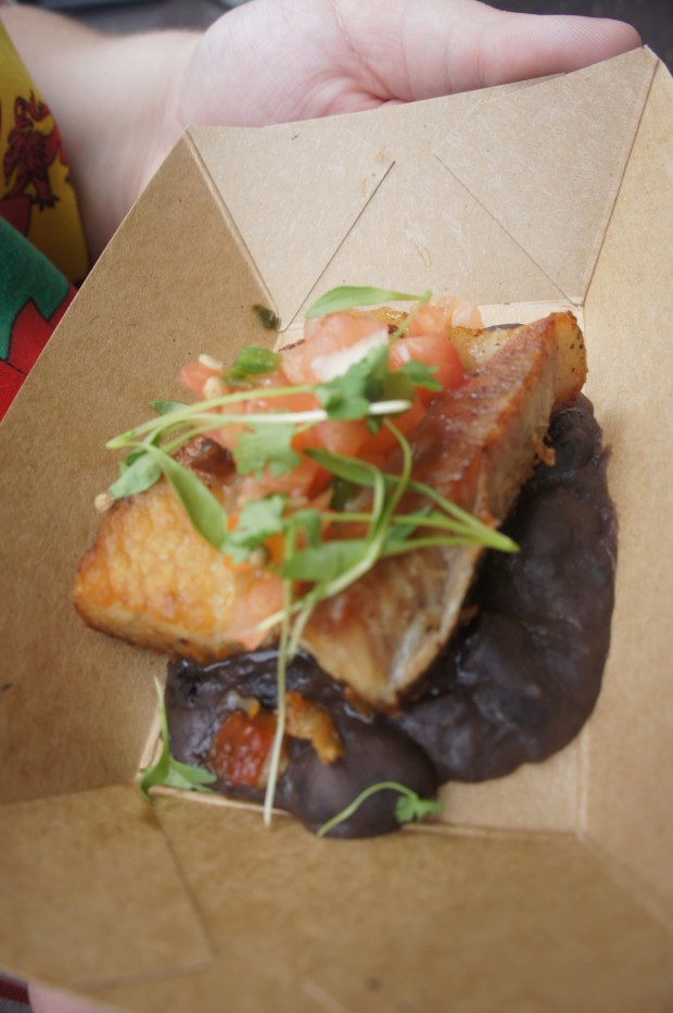 Crispy pork belly with black beans, tomato and cilantro (gluten free)*