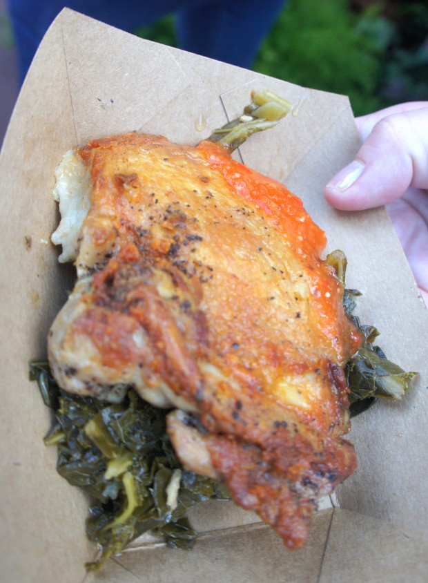 Griddled “yard bird” with braised greens and house-made habanero sauce (gluten free)