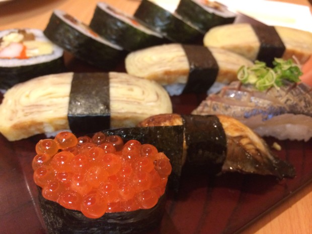 Futomaki roll, Egg Tamago nigiri, Salmon roe, Eel nigiri, Horse Mackeral aji nigiri