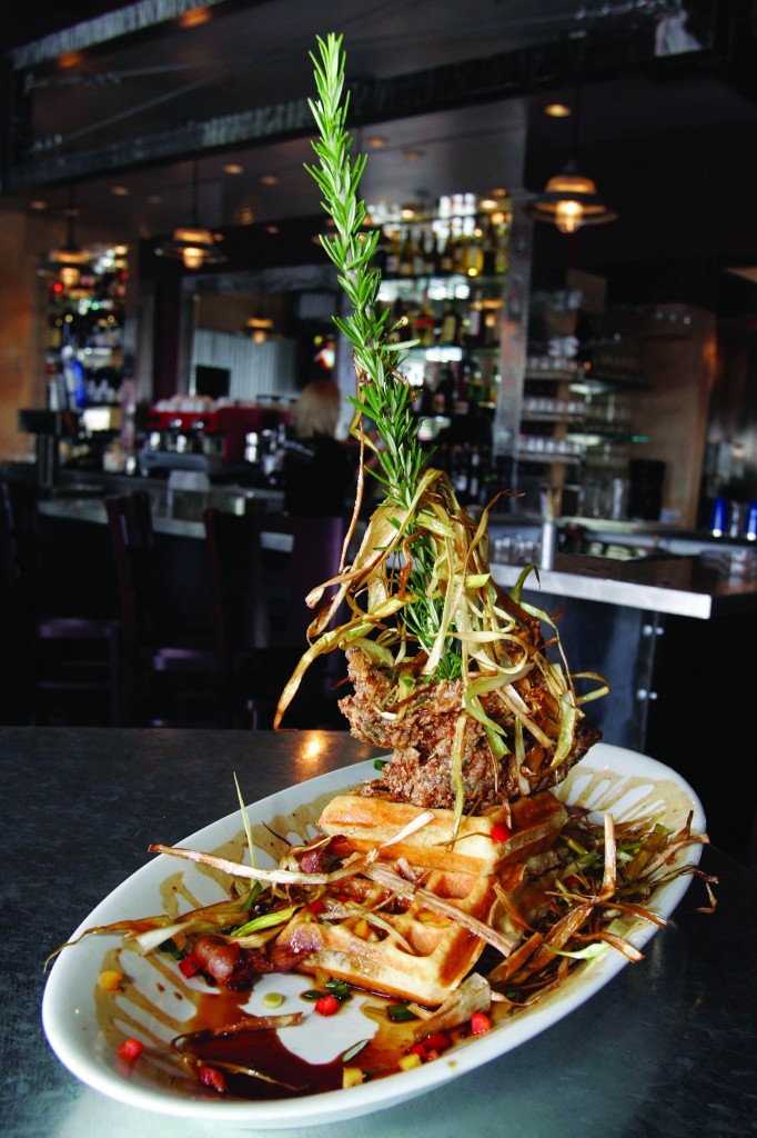 Chicken and Bacon Waffle Tower - Drizzled with hot maple reduction & fried leeks