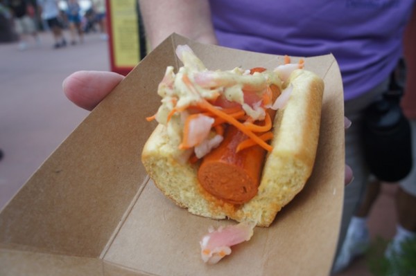 South Korea's Kimchi Dog with Spicy Mustard Sauce - the hot dog is made in Florida specially for Disney infused with kimchi spices 