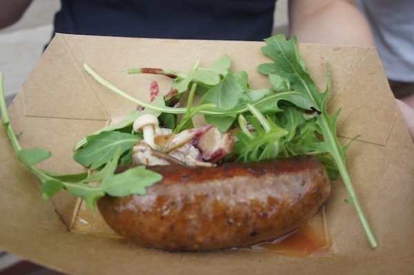 New Zealand's Venison Sausage with Pickled Mushrooms, Baby Arugula and Black Currant Reduction 