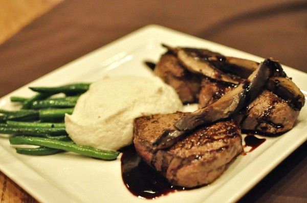 Filet Medallions with Portabella Mushroom - port reduction, portabella mushroom, cauliflower mash, haricot verts