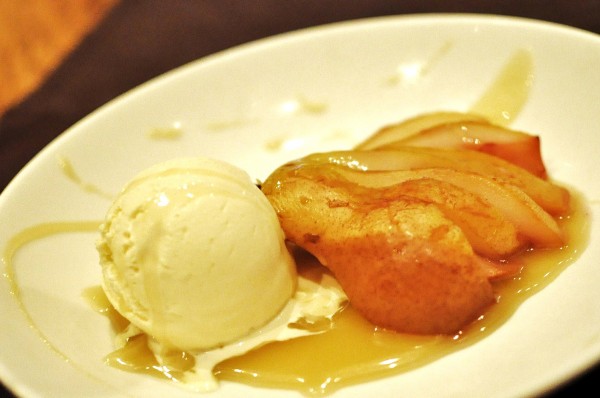 Warm Poached Pear - salted caramel, vanilla ice cream