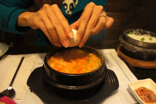 Seafood & Beef SoonTofu Soup – Includes Shrimp, Oysters, Clams, & Beef Slices with egg freshly cracked 