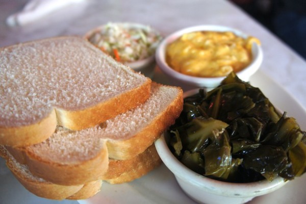 Fat Matt's Rib Shack - The sides - Mac and Cheese and Collard Greens and Sliced White Bread