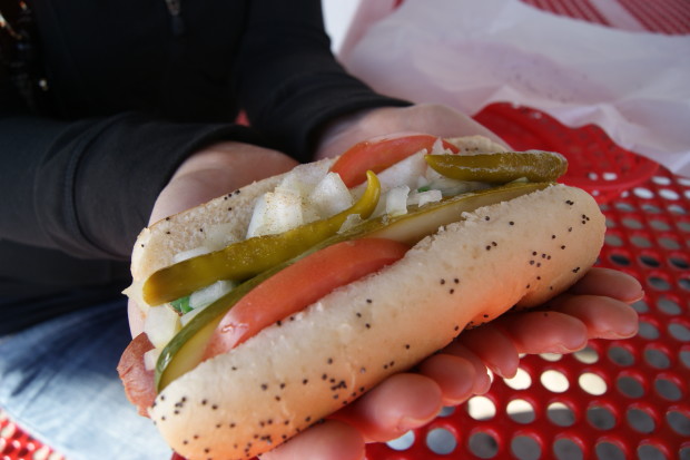 Chicago style hot dog at Hot Dog Heaven