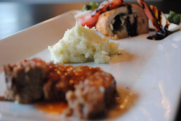 Chicken Caprese Roulade with Asian meatloaf and mashed potatoes (recipes below)