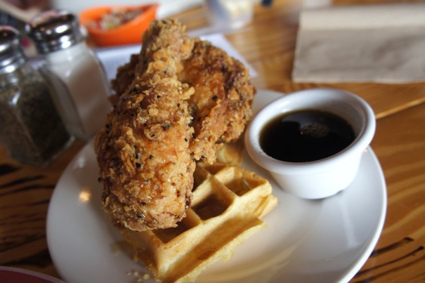 Chicken and Waffles with Bourbon Maple syrup at The Coop