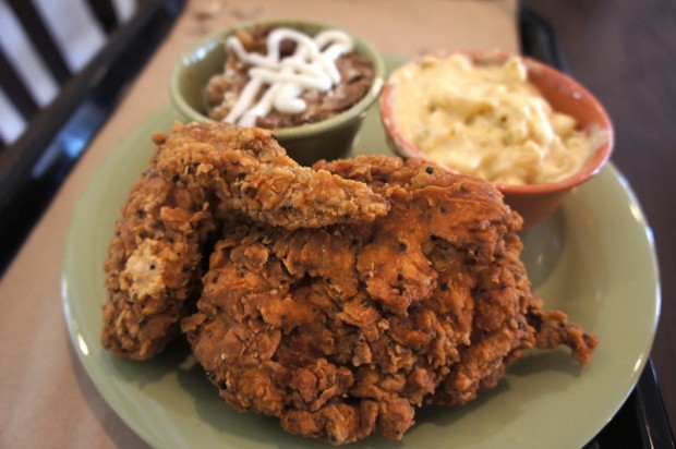 Fried Chicken with Cinnamon bread pudding and mac-n-cheese sides at The Coop - the chicken was a bit too peppery today