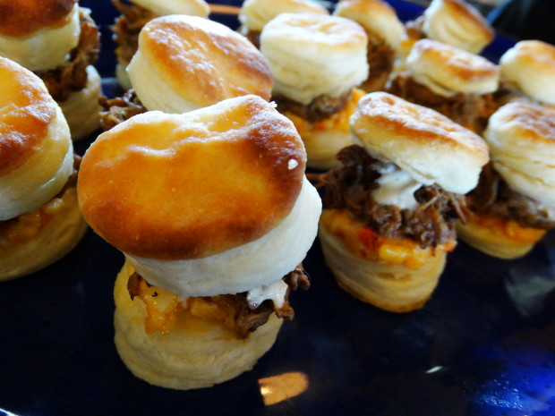 Brisket biscuits with pimento cheese and white BBQ sauce provided by Houndstooth Sauce Company and Impeccable Palate.