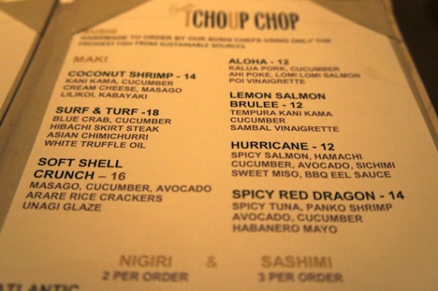 List of new sushi rolls at Tchoup - chop