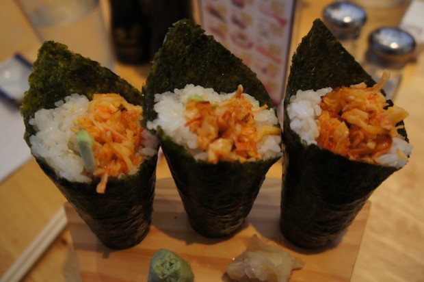 Hand rolls with spicy seafood mix