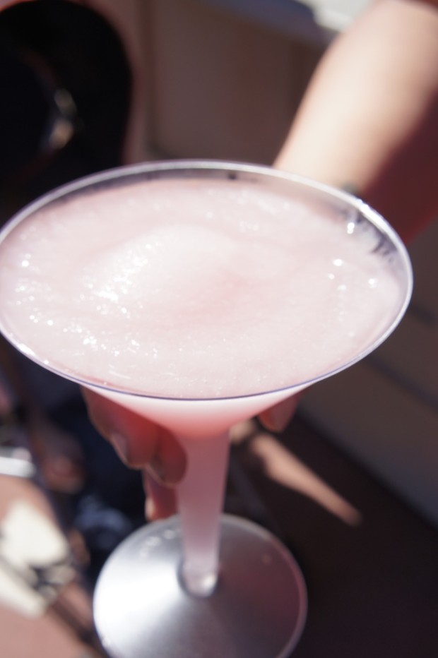 La Vie en Rose frozen slush – Vodka, Grey Goose Orange, St. Germain Liquor, and white and red cranberry juice 
