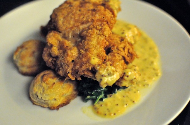 Chicken Fried Chicken Thighs/ sautéed spinach and  kale, spoon-drop biscuits, Yuengling mustard sauce  