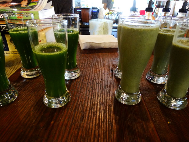 Skyebird Juicebar- Tropical kale (left) has kale, pineapple, cucumber and ginger. The Complete Protein drink (right) contains hemp spirulia, flax, chia, vanilla bean, banana, sunflower milk and maple