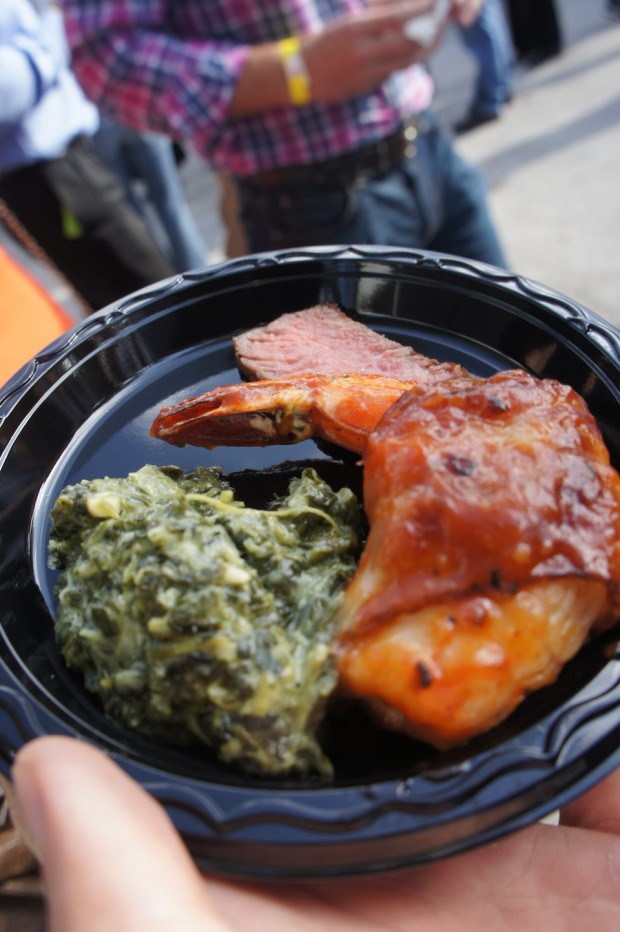 Shula's Steakhouse at WDW Dolphin - Bacon wrapped barbeque shrimp with ny strip, creamed spinach