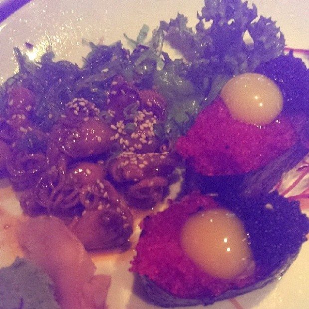 Dinner #tobikonigiri with quail eggs and octopus salad. Itadakimasu! @adventures_of_satori 
