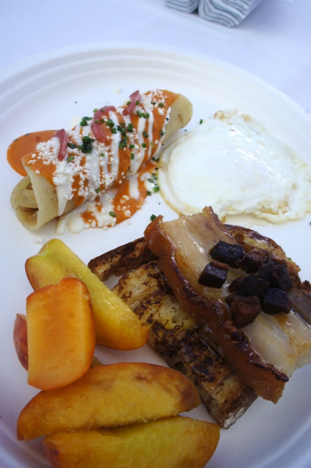 Enchilada, French Toast, Pork Belly, Over Easy Egg, Peaches from Norman's