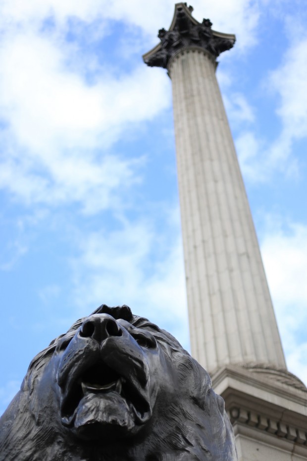 Staring up the lion statue towards the sky and Nelson's column at Trafalgar Square, which commemorates the Battle of Trafalgar, a British naval victory of the Napoleonic Wars over France and Spain 