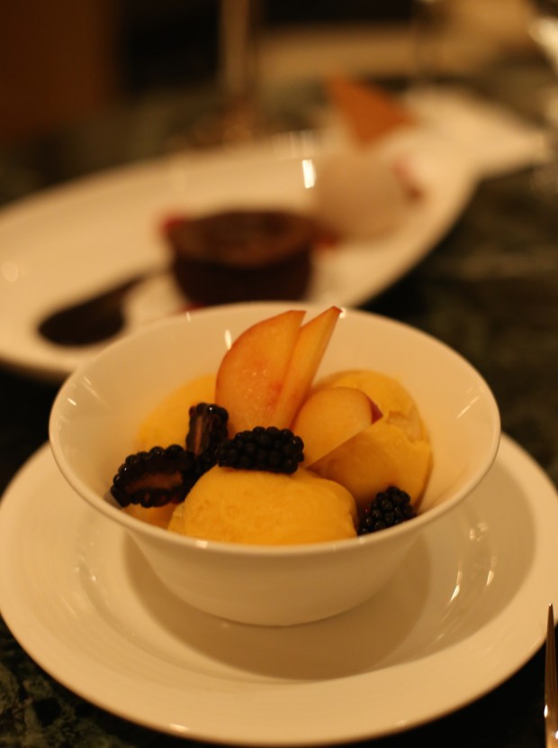 Mango fruit sorbet with blackberries