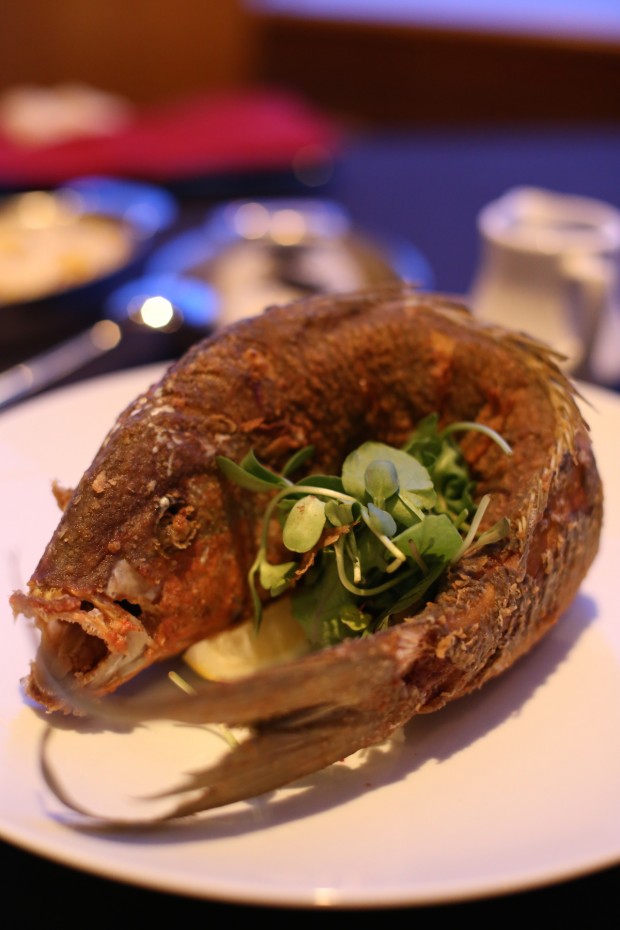 Whole Yellow Tail Snapper, flash fried, chili lime soy broth, Cilantro Jasmine rice - $34 
