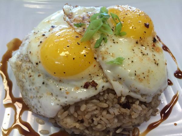 Pork adobo fried rice topped with egg