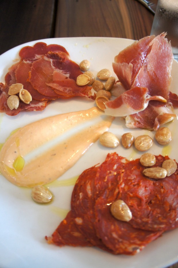 Jamon pintxos - thinly sliced iberico ham, lomo, chorizo, with marcona almonds and alioli - $13
