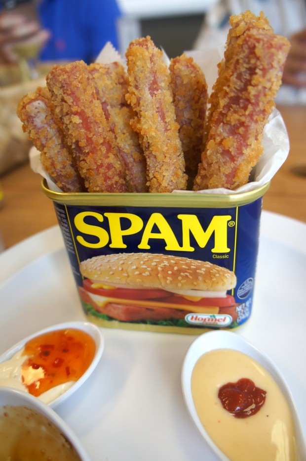 Spam fries at Hawaiian Grindz, dusted in panko bread crumbs and served with three sauces