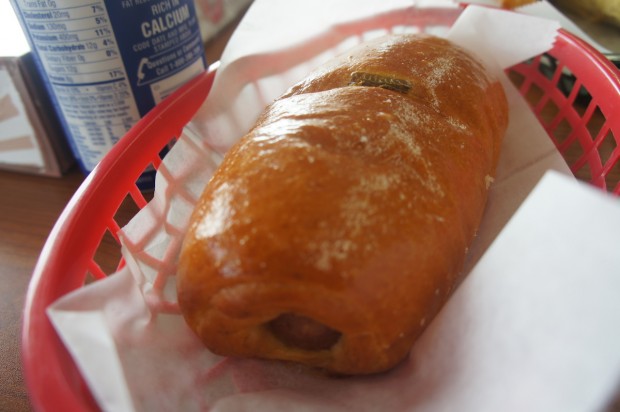 Jalapeno and cheese kolache hot dog in a bun