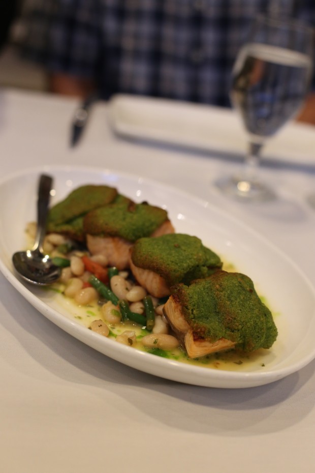 PAN SEARED SALMON - Three bean cassoule, basil crust, citrus beurre blanc  