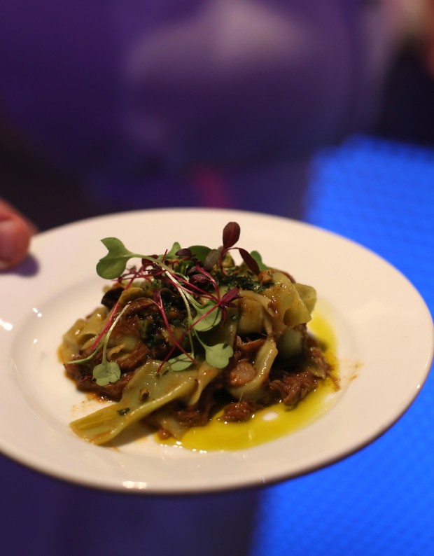 My favorite of the evening - Braised Lamb neck with hand cut arugula pasta, ras el hanout, pistachio gremolata by Chef Wade Camerer of Biergarten Restaurant at EPCOT