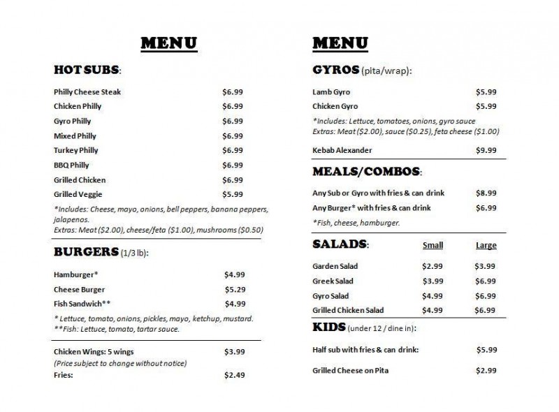 Menu at Halal Philly Cheesesteaks and Gyro