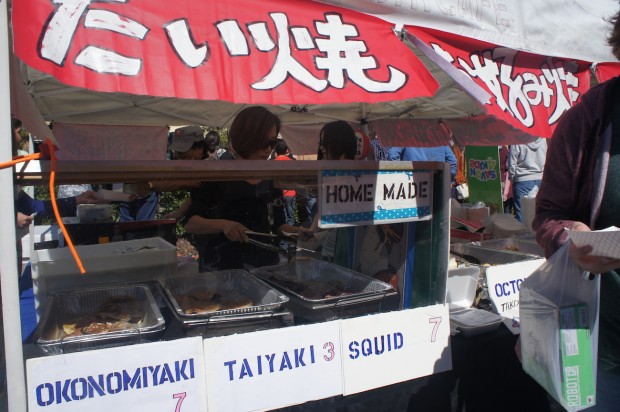 Japanese street food - includes a fish shaped mung bean dessert, squid, octopus balls