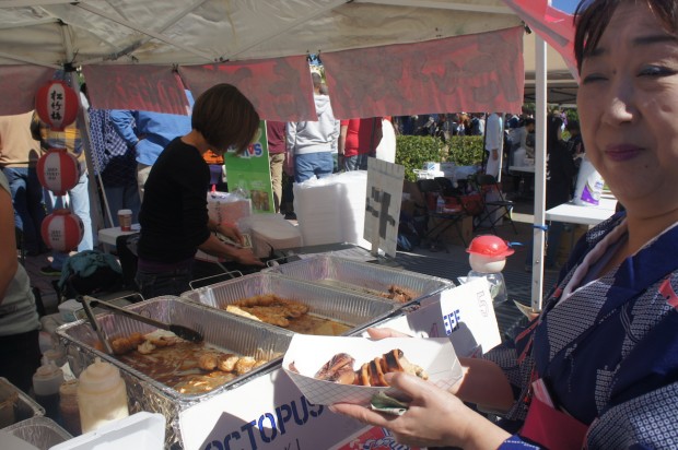 Japanese street food - includes a fish shaped mung bean dessert, squid, octopus balls