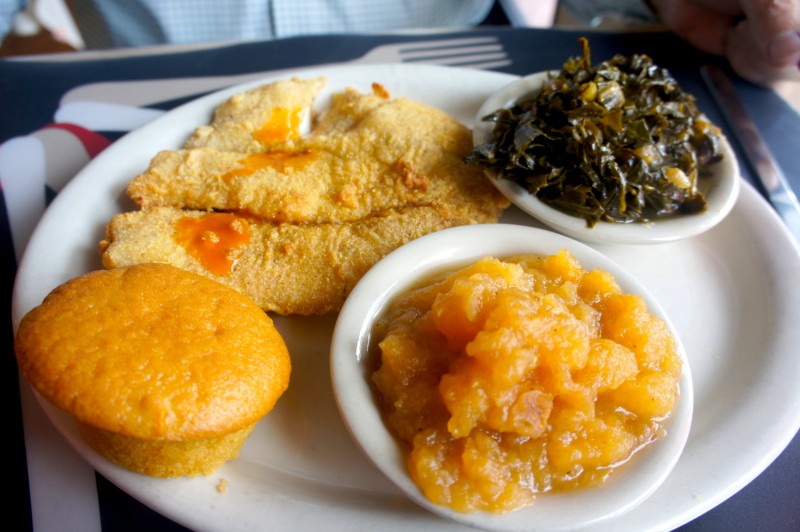 Fried Tilapia with rutabaga and collard greens