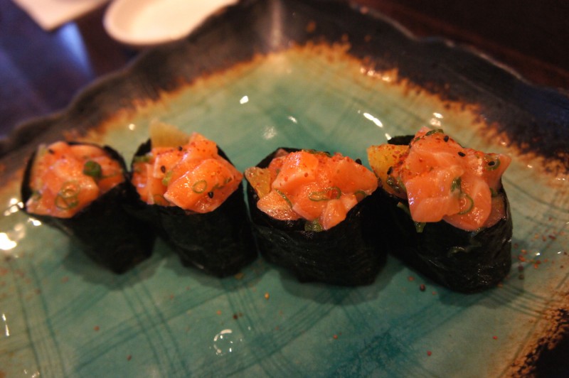 The salmon ceviche nigiri with citrus cured salmon, a refreshing highlight with wonderful lime and citrus zest flavors