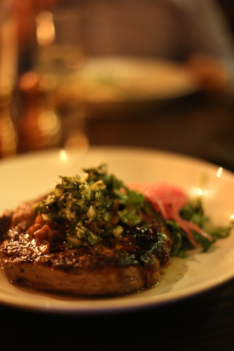 House Aged Chimichurri Ribeye, caramelized onion, arugula salad, brown butter mashed potato, chimichurri 32