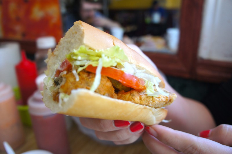 Look into the Fried Oyster Po boy sandwich