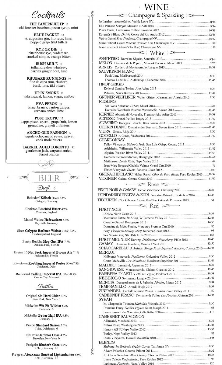 The Osprey Tavern Bar Menu