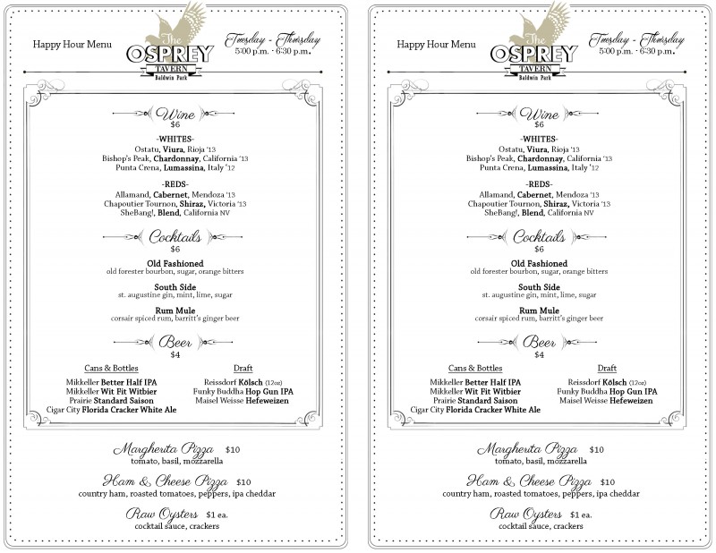 The Osprey Tavern Happy Hour Menu