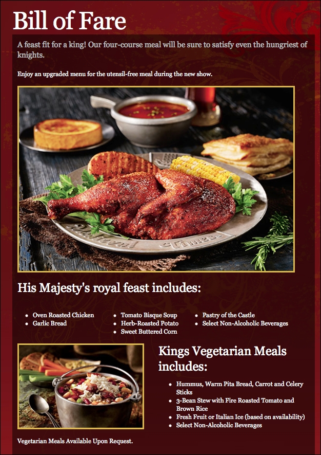 medieval times menu orlando