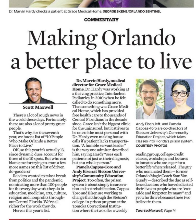 “10 People Making Orlando A Better Place to Live” 2021 by the Orlando Sentinel’s Scott Maxwell