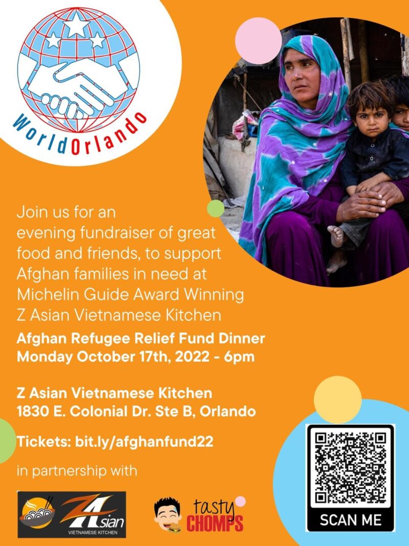 WorldOrlando to host 10/17 Fundraising Dinner to Support Afghan Refugees, partnering with Michelin Guide award winning Z Asian Vietnamese Kitchen and TastyChomps.com